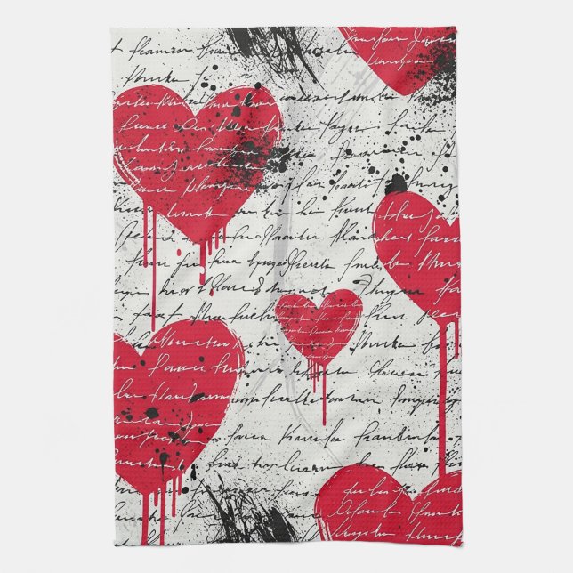 Modern Heart Pattern with Script Background (1) Tea Towel (Vertical)