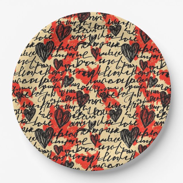Modern Heart Pattern with Script Background (2) Paper Plate (Front)