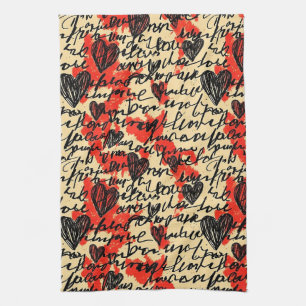 Modern Heart Pattern with Script Background (2) Tea Towel