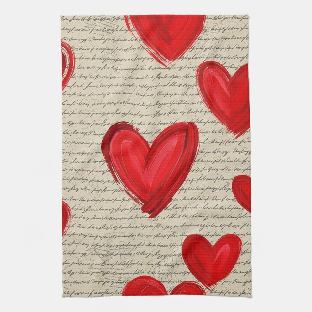 Modern Heart Pattern with Script Background (5) Tea Towel (Vertical)