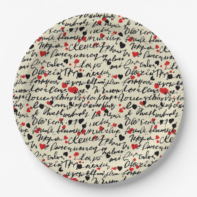 Modern Heart Pattern with Script Background (6) Paper Plate (Front)