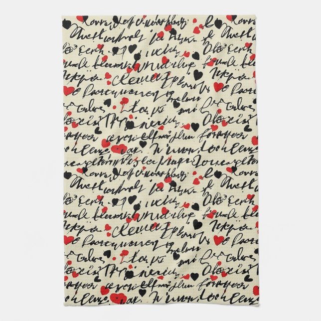 Modern Heart Pattern with Script Background (6) Tea Towel (Vertical)