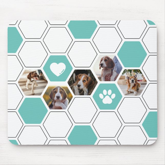 Modern Heart Paw Dog Photo Geometric Teal Unique Mouse Mat (Front)