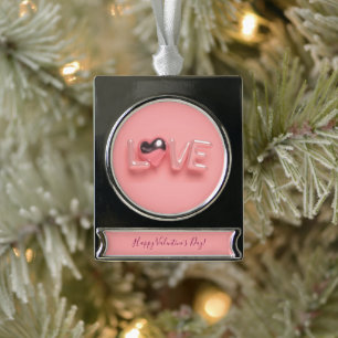 MODERN HEART PINK VALENTINES DAY SILVER PLATED BANNER ORNAMENT