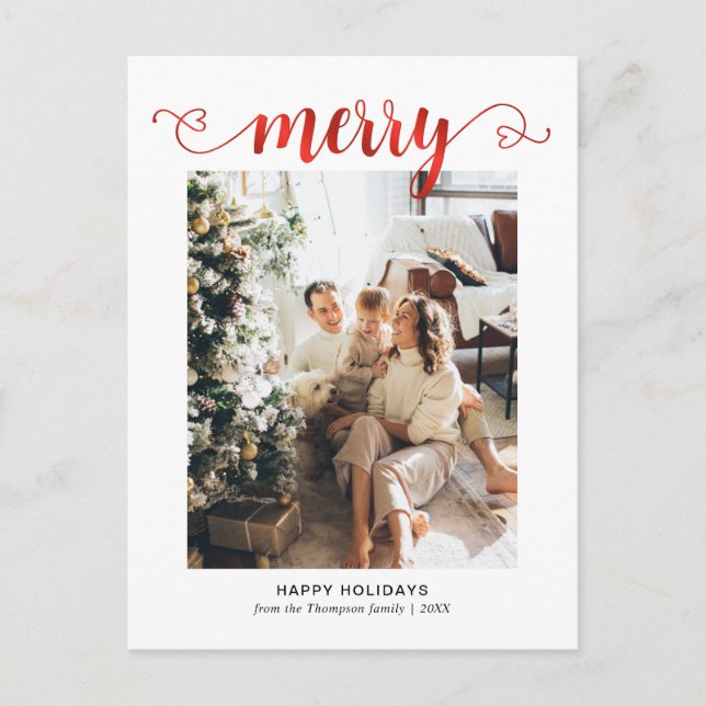 Modern Heart Red Merry Script Photo Christmas Holiday Postcard (Front)