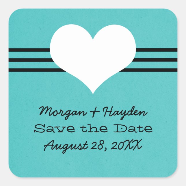 Modern Heart Save the Date Stickers, Aqua Square Sticker (Front)