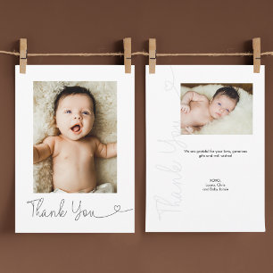 Modern Heart Script 2 Photo Baby custom Thank You Card