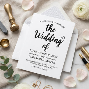 Modern Heart Script Black and White Wedding Card