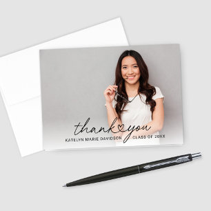 Modern Heart Script Custom Graduation Photo Thank You Card