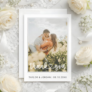 Modern Heart Script Custom Minimal Photo Wedding  Thank You Card