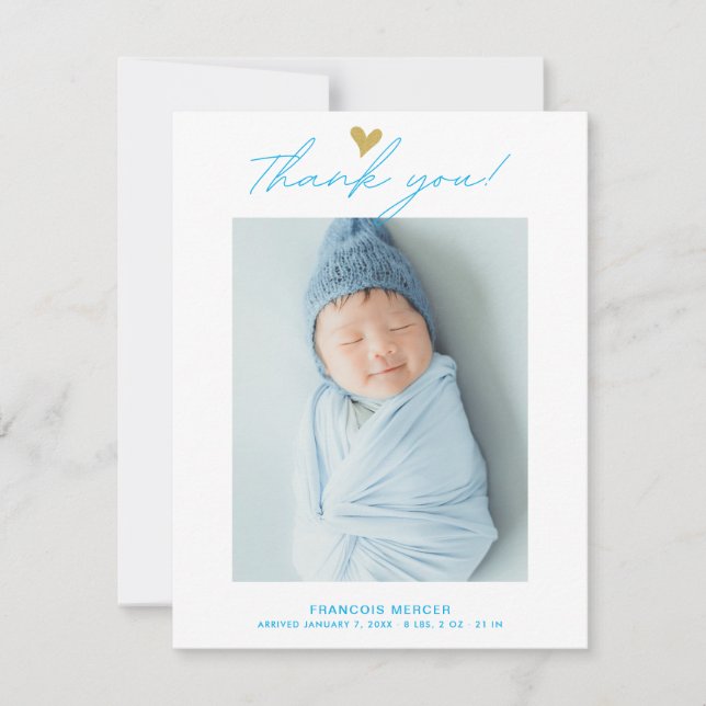 Modern Heart  Script Custom Newborn Baby Photo  Thank You Card (Front)