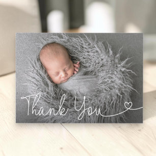 Modern heart script Customisable Boy Baptism Photo Thank You Card
