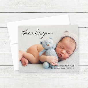 Modern Heart Script Newborn Baby Photo Thank You Card