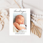 Modern Heart Script Newborn Boy Photo Thank You Card<br><div class="desc">This modern and minimal flat thank you card features a vertical photo of your newborn baby boy with "thank you" overlay text in a sweet heart script font. The baby's name and birth statistics are included so it doubles as a birth announcement. Personalise with your photo, baby's name, and birth...</div>