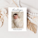 Modern Heart Script Newborn Girl Photo Thank You Card<br><div class="desc">This modern and minimal flat thank you card features a vertical photo of your newborn baby girl with "thank you" overlay text in a sweet heart script font. The baby's name and birth statistics are included so it doubles as a birth announcement. Personalize with your photo, baby's name, and birth...</div>
