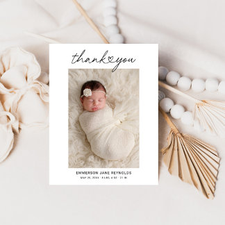 Modern Heart Script Newborn Girl Photo Thank You Card
