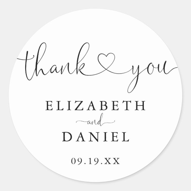Modern Heart Script Thank You Wedding Favour Classic Round Sticker (Front)