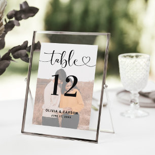 Modern Heart Script Wedding Photo Table Number