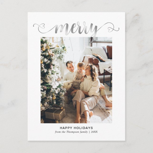 Modern Heart Silver Merry Script Photo Christmas Holiday Postcard (Front)