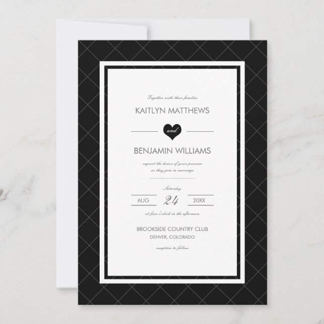 Modern Heart Wedding Invitation - Black and White (Front)