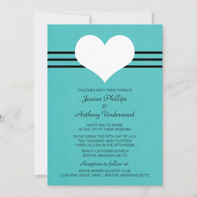 Modern Heart Wedding Invite, Aqua Invitation (Front)