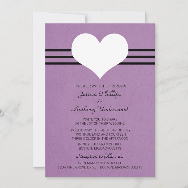 Modern Heart Wedding Invite, Purple Invitation (Front)