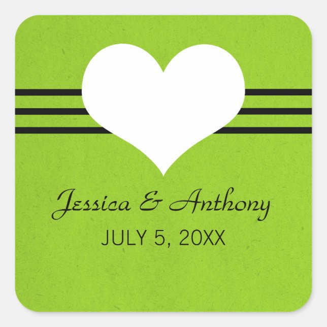 Modern Heart Wedding Stickers, Green Square Sticker (Front)