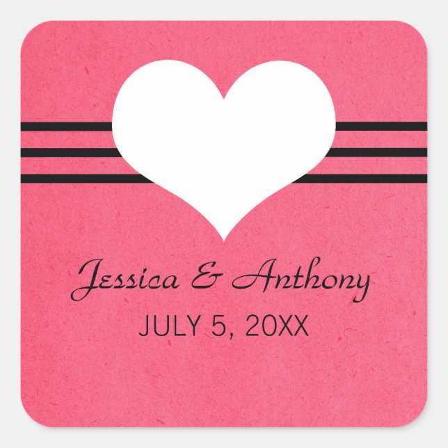 Modern Heart Wedding Stickers, Pink Square Sticker (Front)