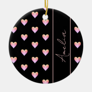 Modern Hearts Black Pink Personalised Christmas Ceramic Tree Decoration
