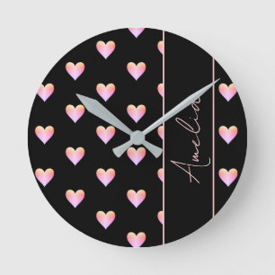 Modern Hearts Black Pink Personalised Round Clock