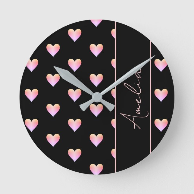 Modern Hearts Black Pink Personalised Round Clock (Front)