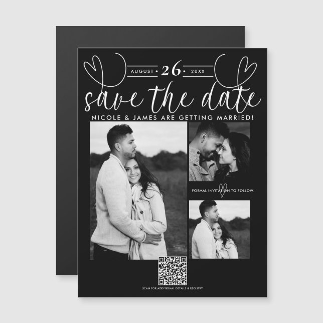 Modern Hearts Black & White Chic Save the Date (Front/Back)