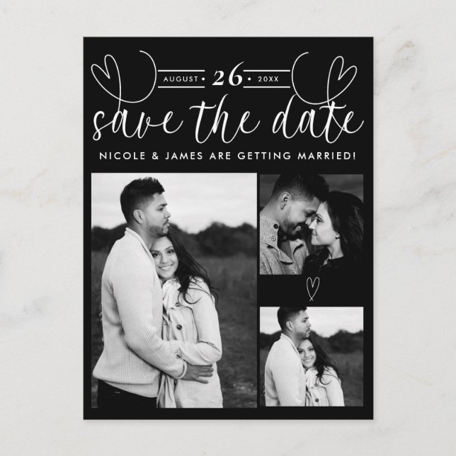 Modern Hearts Black & White Chic Save the Date Announcement Postcard (Front)