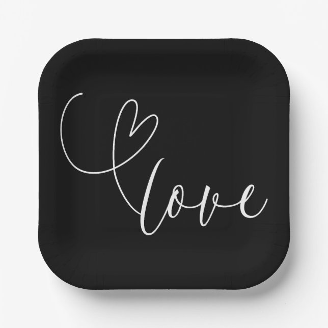 Modern Hearts Black & White Love Minimal Wedding  Paper Plate (Front)