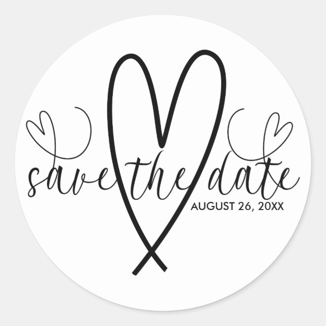Modern Hearts Black & White Minimal Save the Date Classic Round Sticker (Front)