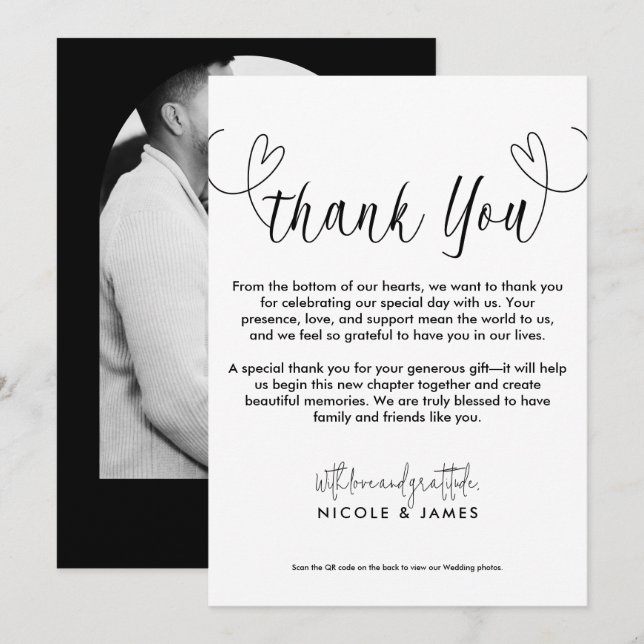 Modern Hearts Black & White Minimal Thank You Invitation (Front/Back)
