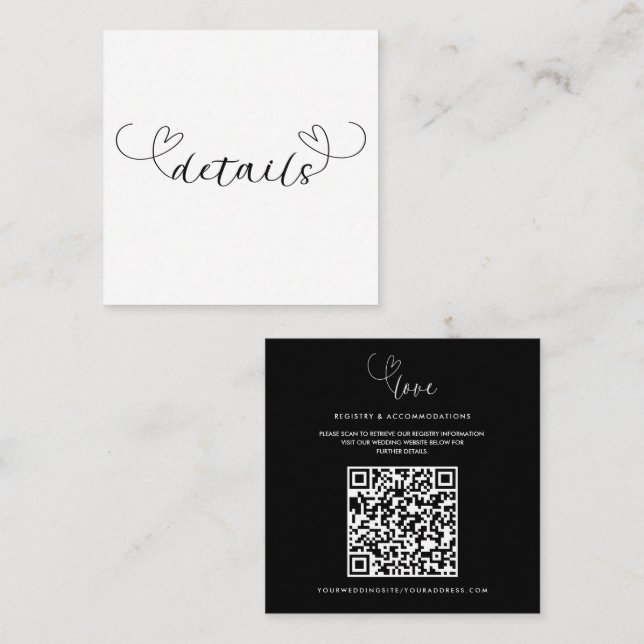 Modern Hearts Black White Minimal Wedding Details Square Business Card (Front/Back)