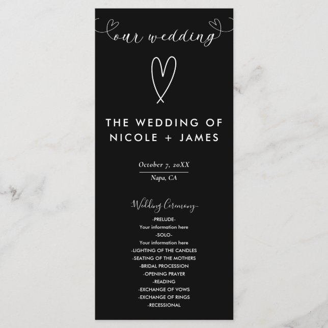 Modern Hearts Black & White Minimal Wedding Programme (Front)