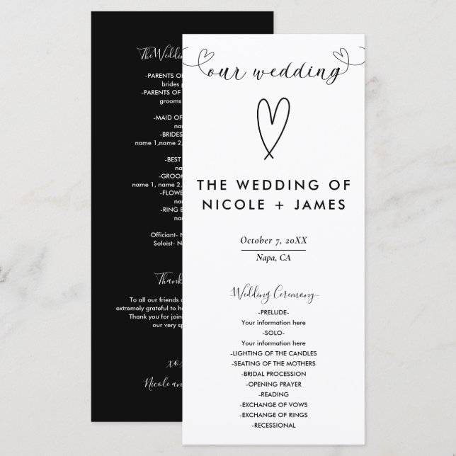 Modern Hearts Black & White Minimal Wedding Programme (Front/Back)