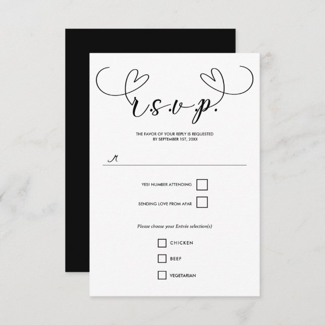 Modern Hearts Black & White Minimal Wedding RSVP (Front/Back)