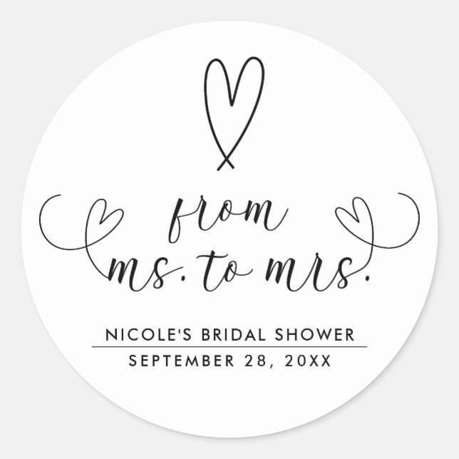 Modern Hearts Black White Ms. to Mrs. Bridal  Classic Round Sticker (Front)