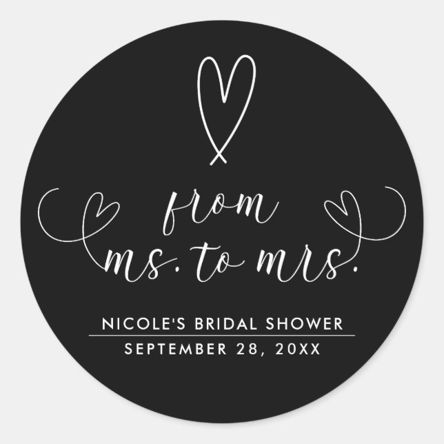 Modern Hearts Black White Ms. to Mrs. Bridal  Classic Round Sticker (Front)