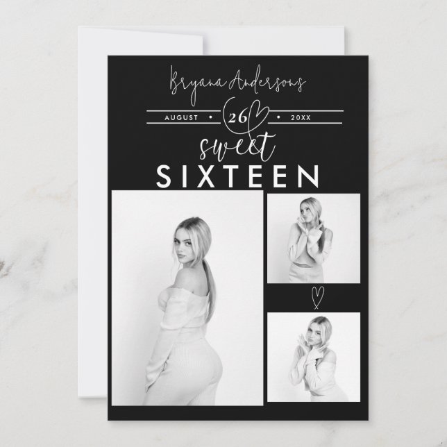 Modern Hearts Black & White Photo Sweet 16 Party (Front)