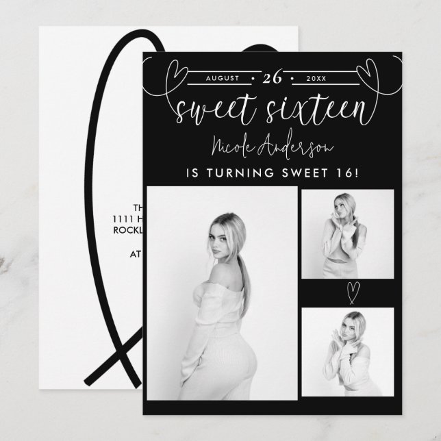 Modern Hearts Black & White Photo Sweet 16 Party (Front/Back)