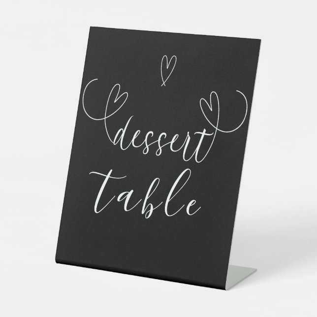 Modern Hearts Black White Wedding Dessert Table Pedestal Sign (Front)