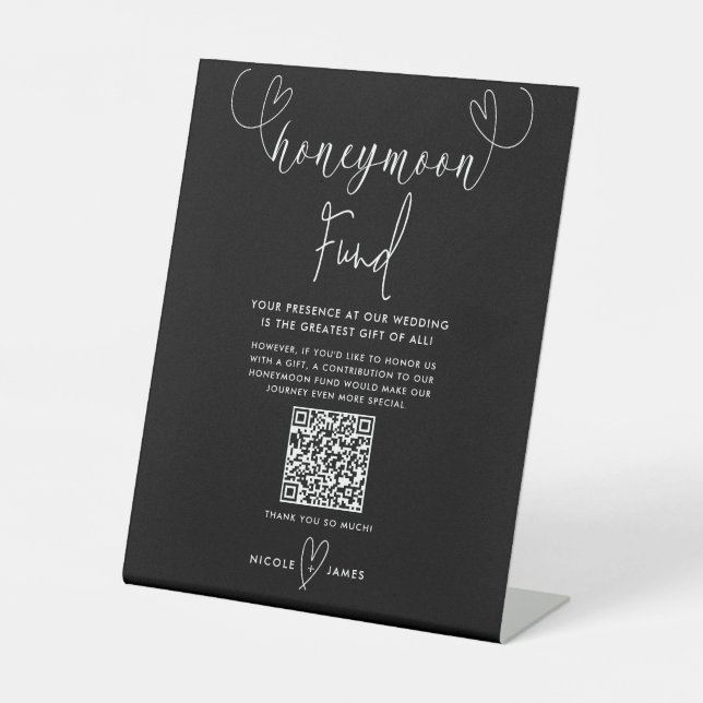 Modern Hearts Black White Wedding Honeymoon Fund Pedestal Sign (Front)