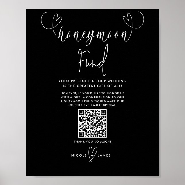 Modern Hearts Black White Wedding Honeymoon Fund Poster (Front)