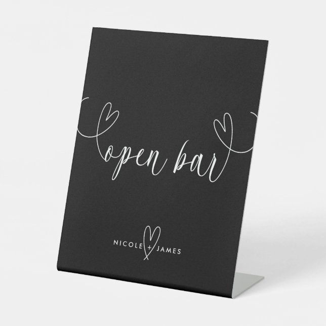 Modern Hearts Black & White Wedding Open Bar Pedestal Sign (Front)