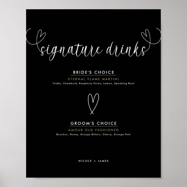 Modern Hearts Black White Wedding Signature Drinks Poster (Front)