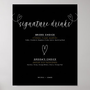 Modern Hearts Black White Wedding Signature Drinks Poster
